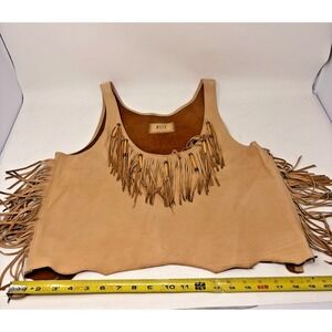 Vintage Leather Fringe Vest Beaded Western Boho Hippie Biker Tan Women's M